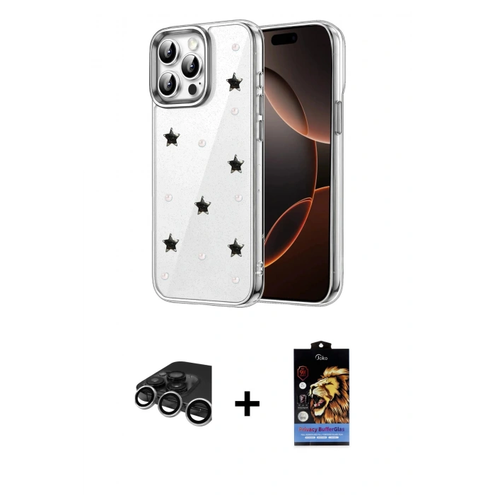MARSİLYAN™- iPhone 15 Pro Kılıf Yörünge Form - Siyah Buffer Hayalet Cam Ekran Koruyucu + Raze Metal Kamera Lens - GS