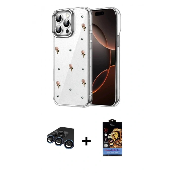 MARSİLYAN™- iPhone 15 Pro Kılıf Yörünge Form - Siyah Buffer Hayalet Cam Ekran Koruyucu + Raze Metal Kamera Lens - LT