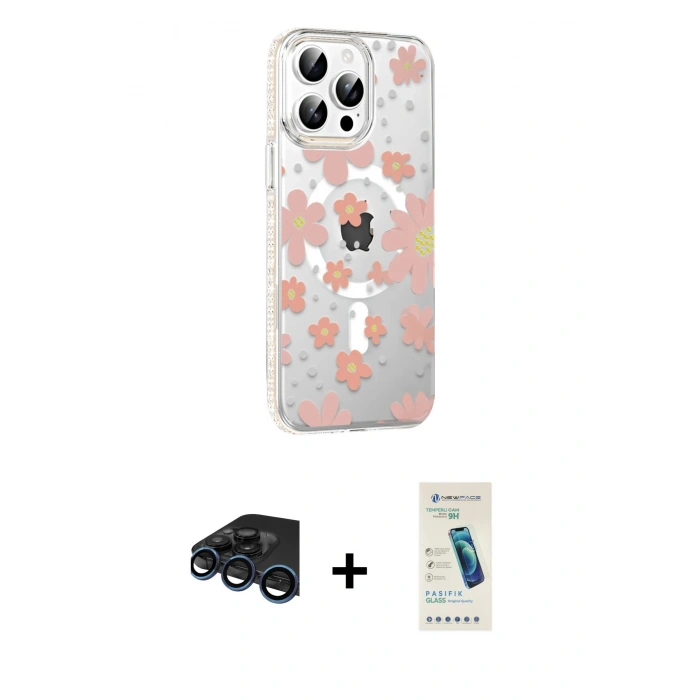 MARSİLYAN™- iPhone 15 Pro Kılıf Yörünge Işık Prime - Şeffaf Pasifik Cam Ekran Koruyucu + Raze Metal Kamera Lens - LT
