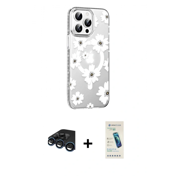 MARSİLYAN™- iPhone 15 Pro Kılıf Yörünge Işık Prime - Şeffaf Pasifik Cam Ekran Koruyucu + Raze Metal Kamera Lens - LT