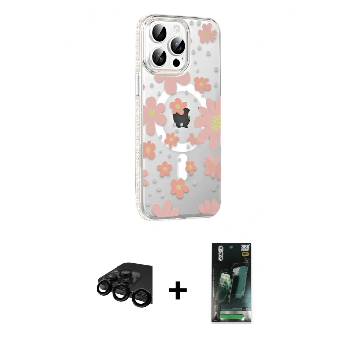 MARSİLYAN™- iPhone 15 Pro Kılıf Yörünge Işık Prime - Siyah 360 Mat Full Body Arka Koruyucu + Raze Metal Kamera Lens - SH