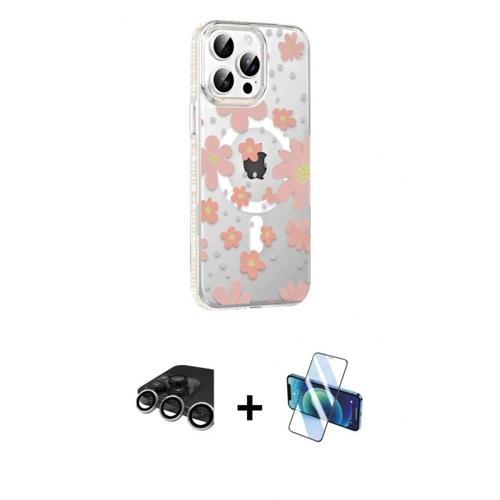 MARSİLYAN™- iPhone 15 Pro Kılıf Yörünge Işık Prime - Siyah 3D Antistatik Cam Ekran Koruyucu + Raze Metal Kamera Lens - GS