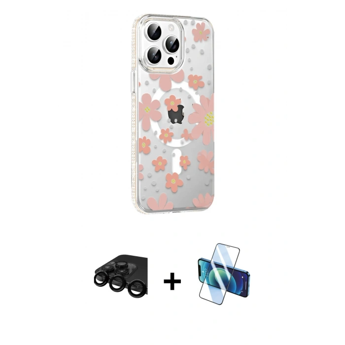 MARSİLYAN™- iPhone 15 Pro Kılıf Yörünge Işık Prime - Siyah 3D Antistatik Cam Ekran Koruyucu + Raze Metal Kamera Lens - SH