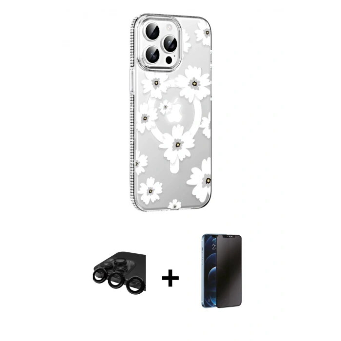 MARSİLYAN™- iPhone 15 Pro Kılıf Yörünge Işık Prime - Siyah 3D Antistatik Hayalet Cam Ekran Koruyucu + Raze Metal Kamera Lens - SH