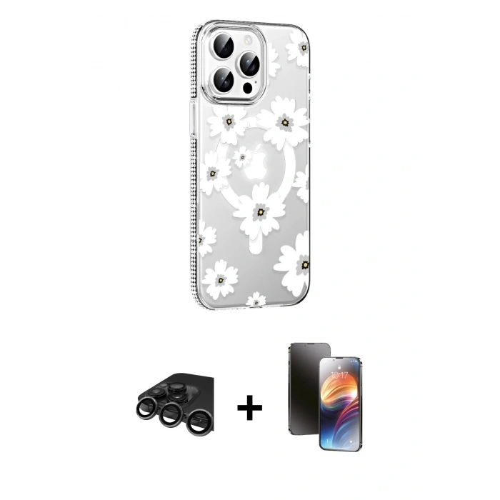 MARSİLYAN™- iPhone 15 Pro Kılıf Yörünge Işık Prime - Siyah 3D Antistatik Mat Seramik Nano Ekran Koruyucu + Raze Metal Kamera Lens - TMGI
