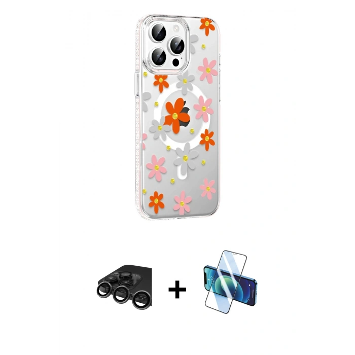MARSİLYAN™- iPhone 15 Pro Kılıf Yörünge Işık Prime - Siyah 3D Antistatik Seramik Nano Ekran Koruyucu + Raze Metal Kamera Lens - TMGI