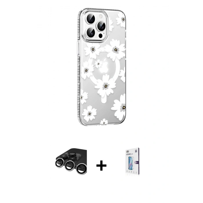 MARSİLYAN™- iPhone 15 Pro Kılıf Yörünge Işık Prime - Siyah Bilvis 0.18mm Plus Cam Ekran Koruyucu + Raze Metal Kamera Lens - GS