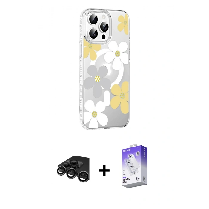 MARSİLYAN™- iPhone 15 Pro Kılıf Yörünge Işık Prime - Siyah Bilvis 5in1 3D Magic Cam Ekran Koruyucu + Raze Metal Kamera Lens - TMGI