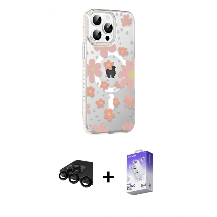 MARSİLYAN™- iPhone 15 Pro Kılıf Yörünge Işık Prime - Siyah Bilvis 5in1 3D Magic Cam Ekran Koruyucu + Raze Metal Kamera Lens - SH