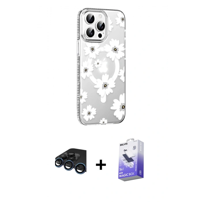 MARSİLYAN™- iPhone 15 Pro Kılıf Yörünge Işık Prime - Siyah Bilvis 5in1 5D Magic Hayalet Cam Ekran Koruyucu + Raze Metal Kamera Lens - LT