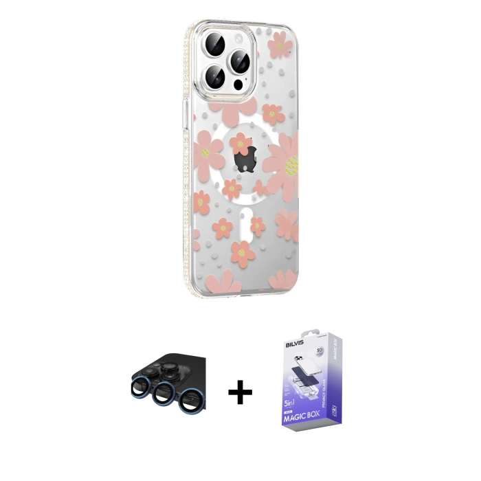 MARSİLYAN™- iPhone 15 Pro Kılıf Yörünge Işık Prime - Siyah Bilvis 5in1 5D Magic Hayalet Cam Ekran Koruyucu + Raze Metal Kamera Lens - LT