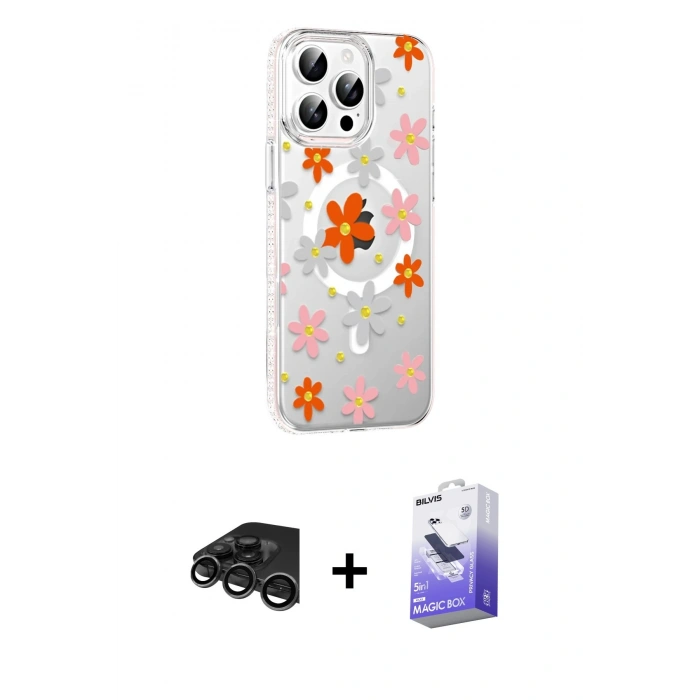 MARSİLYAN™- iPhone 15 Pro Kılıf Yörünge Işık Prime - Siyah Bilvis 5in1 5D Magic Hayalet Cam Ekran Koruyucu + Raze Metal Kamera Lens - TMGI