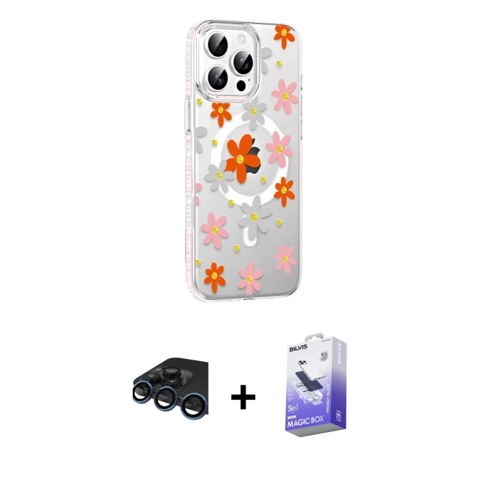MARSİLYAN™- iPhone 15 Pro Kılıf Yörünge Işık Prime - Siyah Bilvis 5in1 5D Magic Hayalet Cam Ekran Koruyucu + Raze Metal Kamera Lens - LT