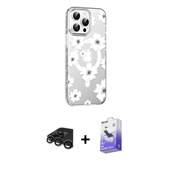 MARSİLYAN™- iPhone 15 Pro Kılıf Yörünge Işık Prime - Siyah Bilvis 5in1 5D Magic Hayalet Cam Ekran Koruyucu + Raze Metal Kamera Lens - TMGI