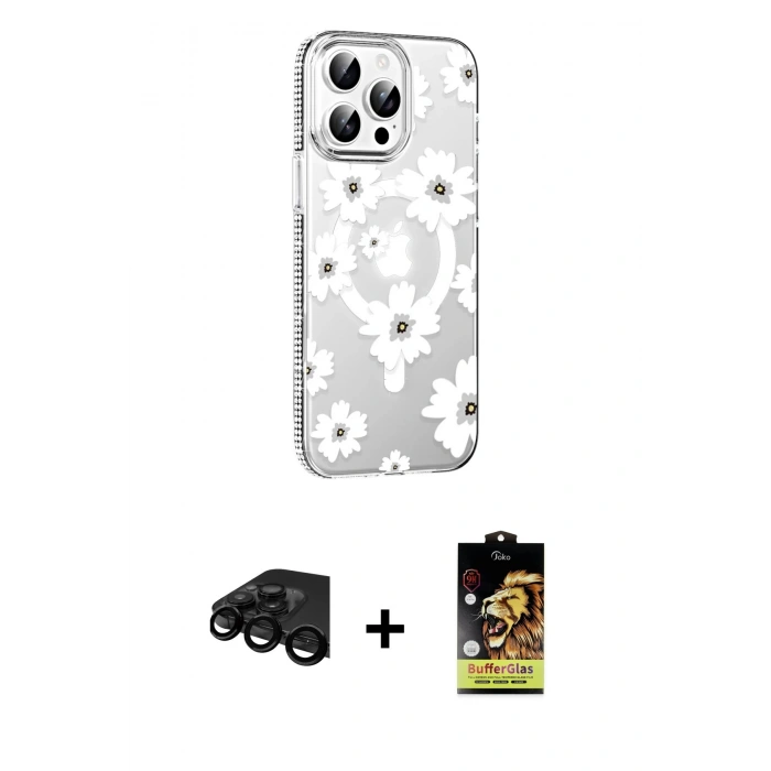 MARSİLYAN™- iPhone 15 Pro Kılıf Yörünge Işık Prime - Siyah Buffer Cam Ekran Koruyucu + Raze Metal Kamera Lens - SH