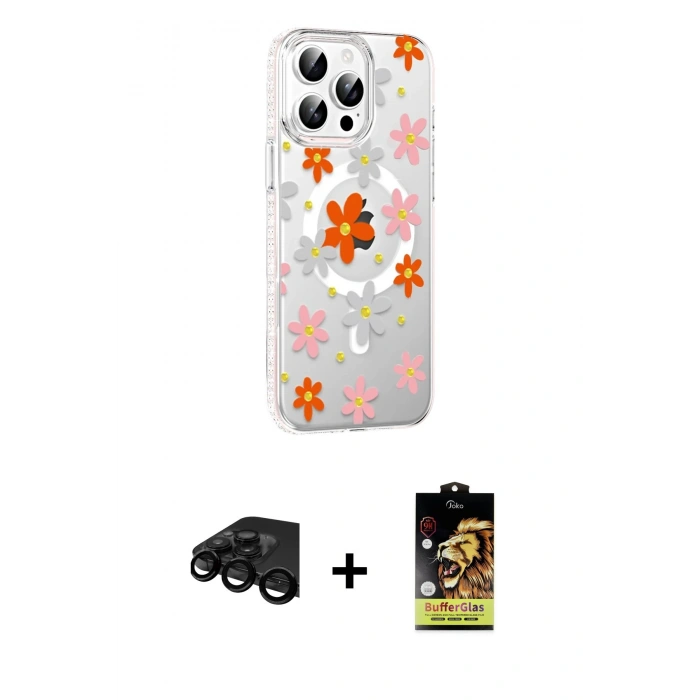MARSİLYAN™- iPhone 15 Pro Kılıf Yörünge Işık Prime - Siyah Buffer Cam Ekran Koruyucu + Raze Metal Kamera Lens - SH