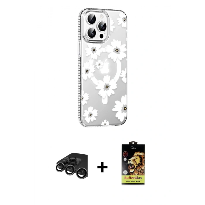 MARSİLYAN™- iPhone 15 Pro Kılıf Yörünge Işık Prime - Siyah Buffer Cam Ekran Koruyucu + Raze Metal Kamera Lens - TMGI