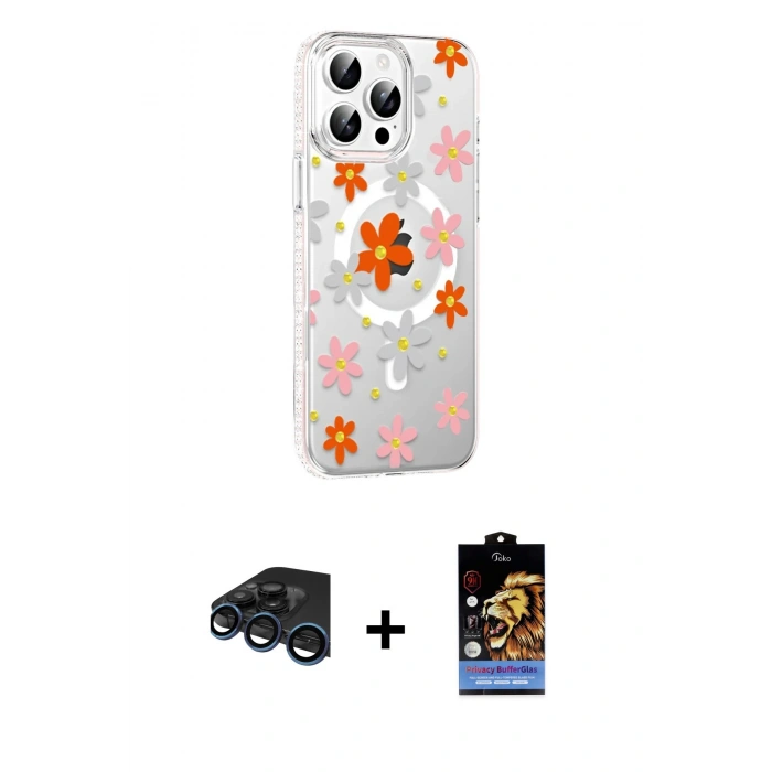 MARSİLYAN™- iPhone 15 Pro Kılıf Yörünge Işık Prime - Siyah Buffer Hayalet Cam Ekran Koruyucu + Raze Metal Kamera Lens - LT