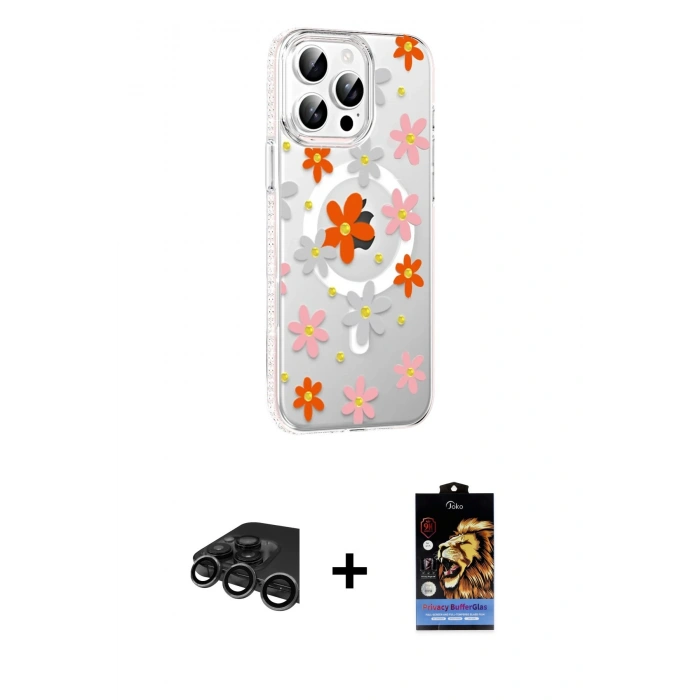 MARSİLYAN™- iPhone 15 Pro Kılıf Yörünge Işık Prime - Siyah Buffer Hayalet Cam Ekran Koruyucu + Raze Metal Kamera Lens - TMGI