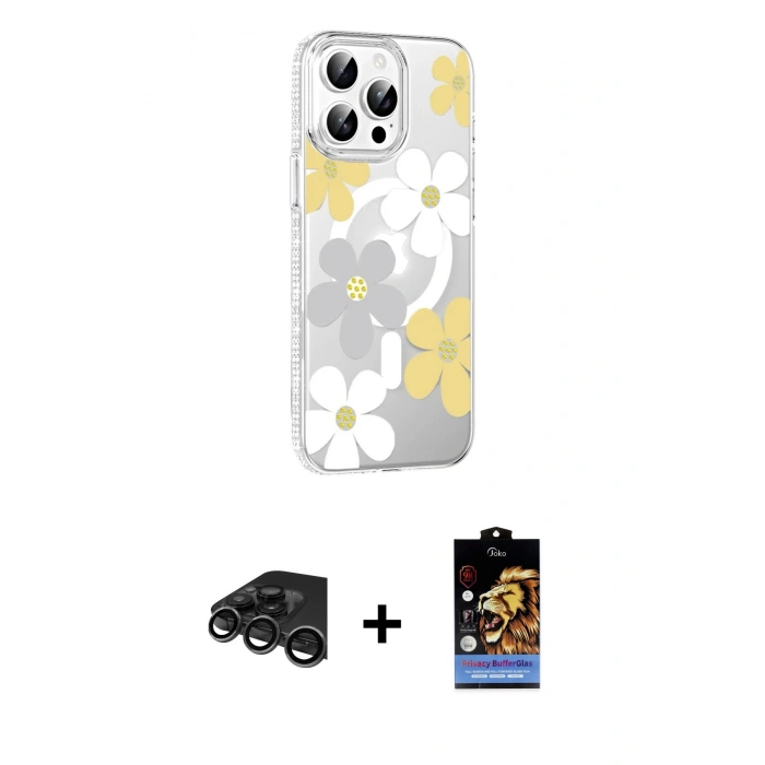 MARSİLYAN™- iPhone 15 Pro Kılıf Yörünge Işık Prime - Siyah Buffer Hayalet Cam Ekran Koruyucu + Raze Metal Kamera Lens - TMGI