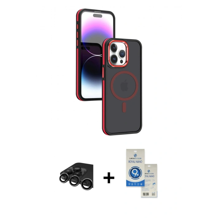 MARSİLYAN™- iPhone 15 Pro Kılıf Yörünge Klasik - Şeffaf Royal Nano Ekran Koruyucu + Raze Metal Kamera Lens - TMGI