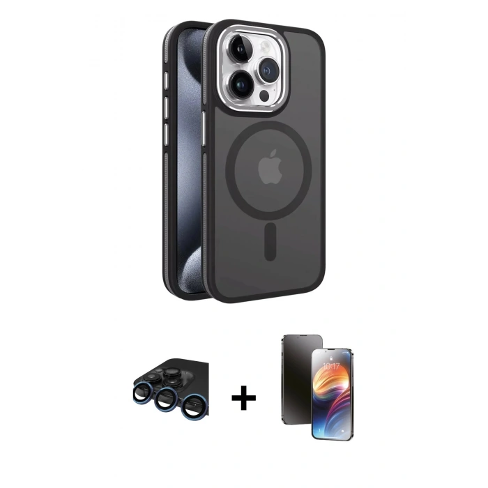 MARSİLYAN™- iPhone 15 Pro Kılıf Yörünge Klasik - Siyah 3D Antistatik Mat Seramik Nano Ekran Koruyucu + Raze Metal Kamera Lens - LT