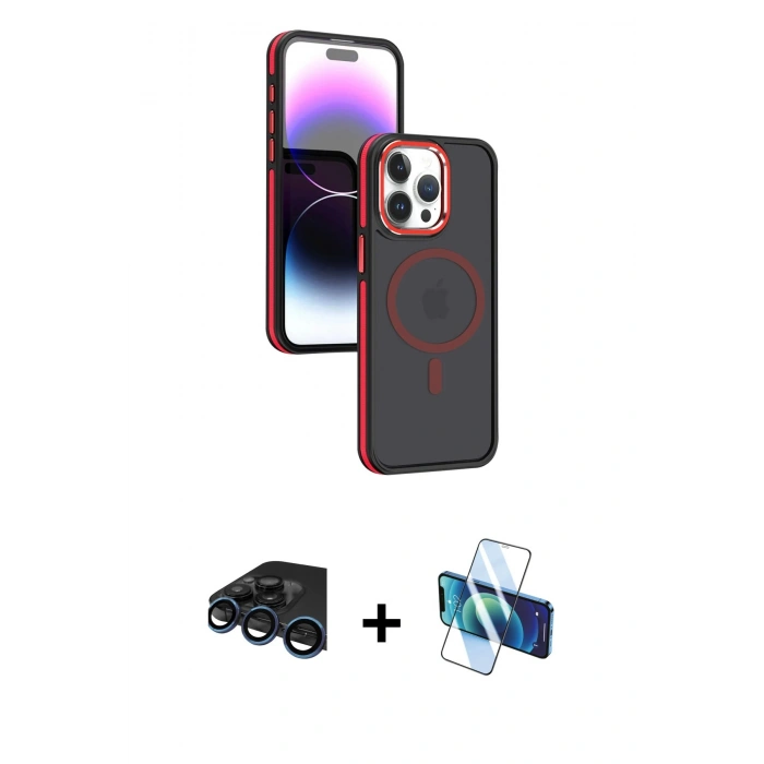 MARSİLYAN™- iPhone 15 Pro Kılıf Yörünge Klasik - Siyah 3D Antistatik Seramik Nano Ekran Koruyucu + Raze Metal Kamera Lens - LT