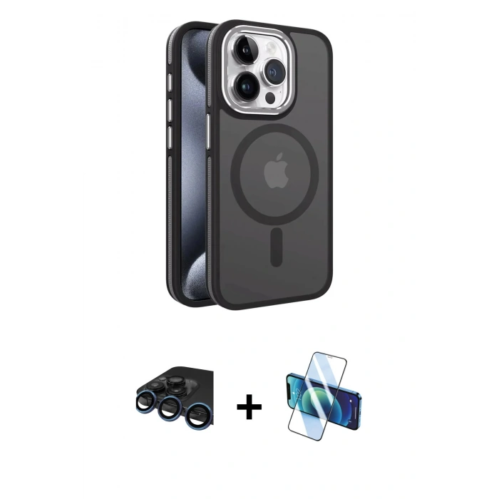 MARSİLYAN™- iPhone 15 Pro Kılıf Yörünge Klasik - Siyah 3D Antistatik Seramik Nano Ekran Koruyucu + Raze Metal Kamera Lens - LT