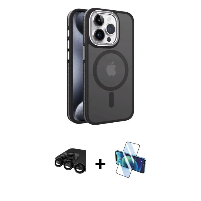 MARSİLYAN™- iPhone 15 Pro Kılıf Yörünge Klasik - Siyah 3D Antistatik Seramik Nano Ekran Koruyucu + Raze Metal Kamera Lens - SH