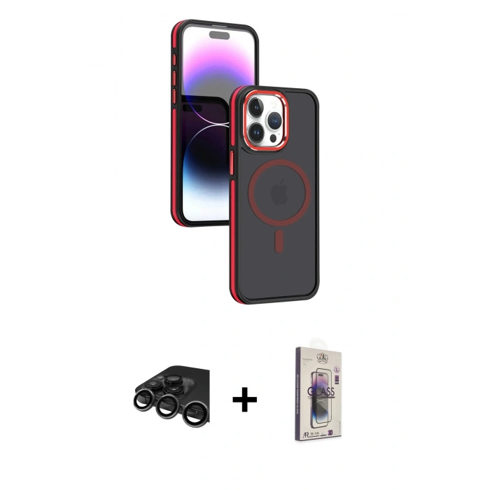 MARSİLYAN™- iPhone 15 Pro Kılıf Yörünge Klasik - Siyah Bilvis 3D Cam Ekran Koruyucu + Raze Metal Kamera Lens - TMGI