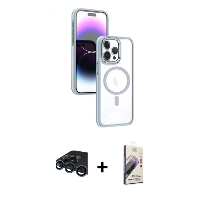 MARSİLYAN™- iPhone 15 Pro Kılıf Yörünge Klasik - Siyah Bilvis 3D Mat Cam Ekran Koruyucu + Raze Metal Kamera Lens - LT