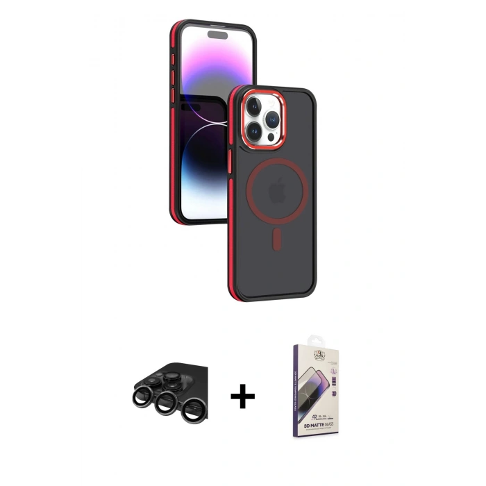 MARSİLYAN™- iPhone 15 Pro Kılıf Yörünge Klasik - Siyah Bilvis 3D Mat Cam Ekran Koruyucu + Titanyum Gri Raze Metal Kamera Lens