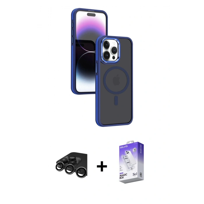 MARSİLYAN™- iPhone 15 Pro Kılıf Yörünge Klasik - Siyah Bilvis 5in1 3D Magic Cam Ekran Koruyucu + Raze Metal Kamera Lens - TMGI