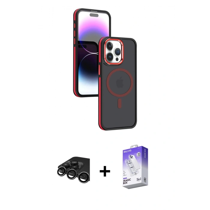 MARSİLYAN™- iPhone 15 Pro Kılıf Yörünge Klasik - Siyah Bilvis 5in1 3D Magic Cam Ekran Koruyucu + Raze Metal Kamera Lens - TMGI