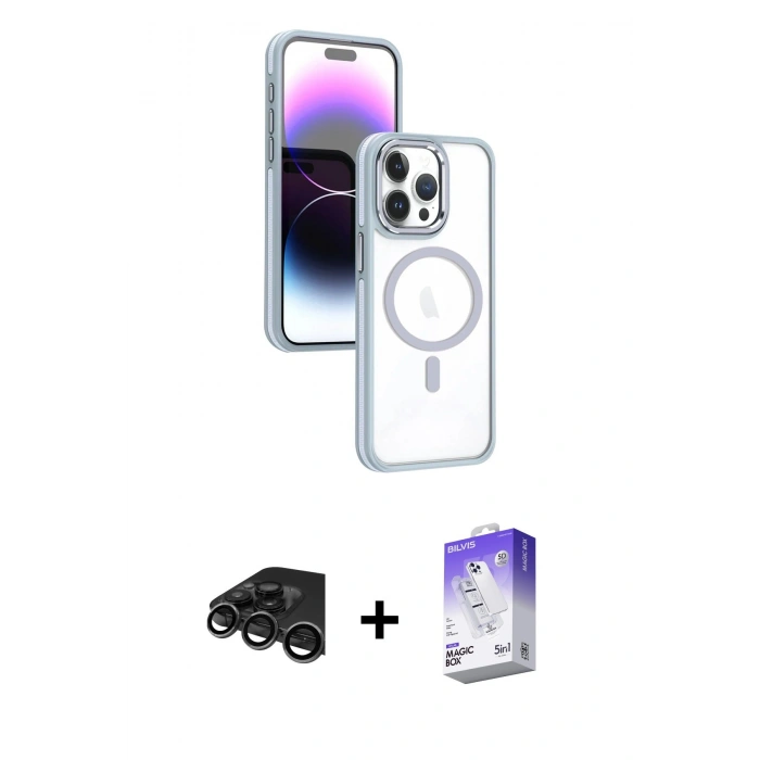 MARSİLYAN™- iPhone 15 Pro Kılıf Yörünge Klasik - Siyah Bilvis 5in1 3D Magic Cam Ekran Koruyucu + Raze Metal Kamera Lens - TMGI