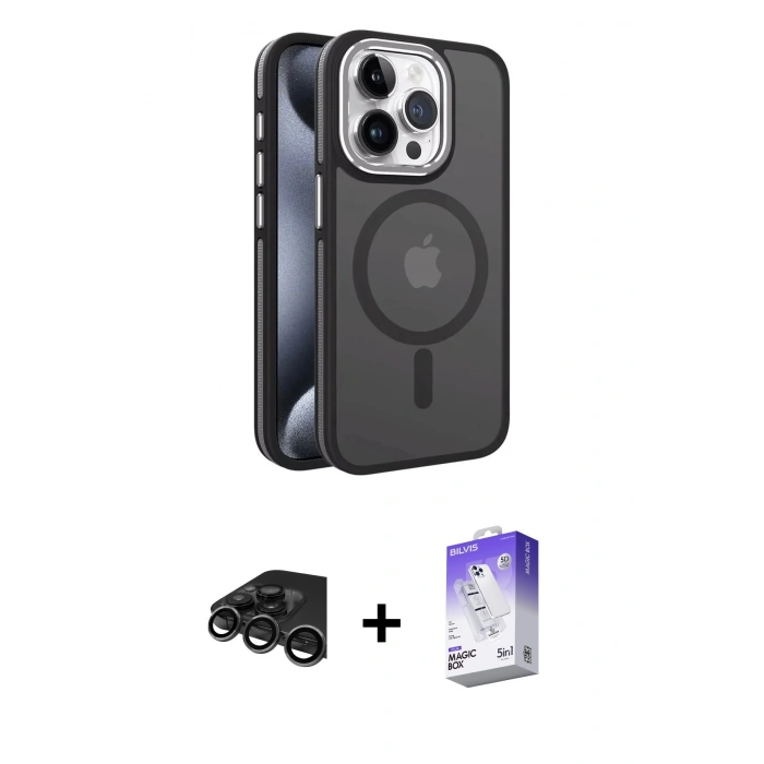 MARSİLYAN™- iPhone 15 Pro Kılıf Yörünge Klasik - Siyah Bilvis 5in1 3D Magic Cam Ekran Koruyucu + Raze Metal Kamera Lens - TMGI