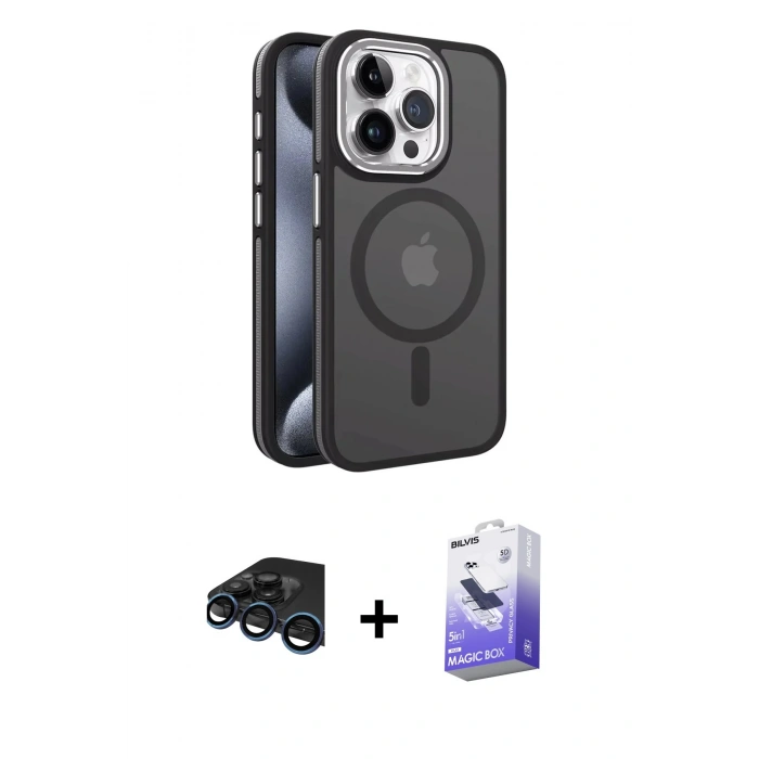 MARSİLYAN™- iPhone 15 Pro Kılıf Yörünge Klasik - Siyah Bilvis 5in1 5D Magic Hayalet Cam Ekran Koruyucu + Raze Metal Kamera Lens - LT