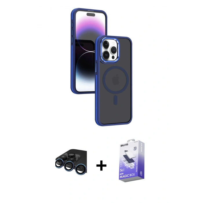 MARSİLYAN™- iPhone 15 Pro Kılıf Yörünge Klasik - Siyah Bilvis 5in1 5D Magic Hayalet Cam Ekran Koruyucu + Raze Metal Kamera Lens - LT