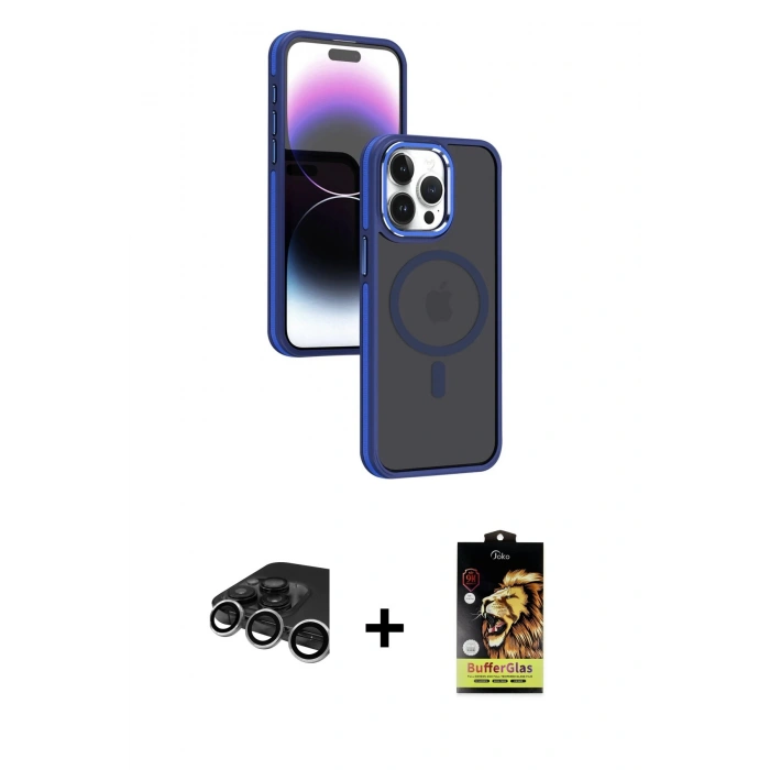 MARSİLYAN™- iPhone 15 Pro Kılıf Yörünge Klasik - Siyah Buffer Cam Ekran Koruyucu + Raze Metal Kamera Lens - GS