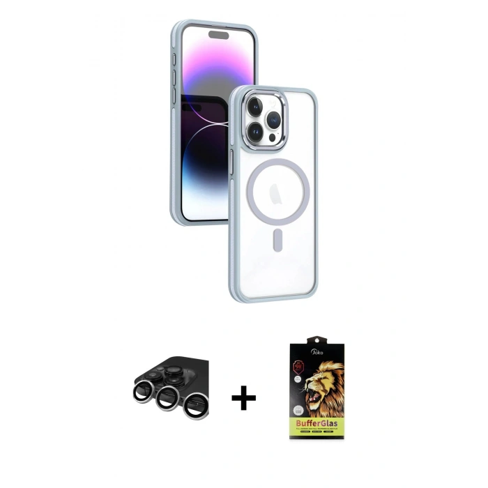 MARSİLYAN™- iPhone 15 Pro Kılıf Yörünge Klasik - Siyah Buffer Cam Ekran Koruyucu + Raze Metal Kamera Lens - GS