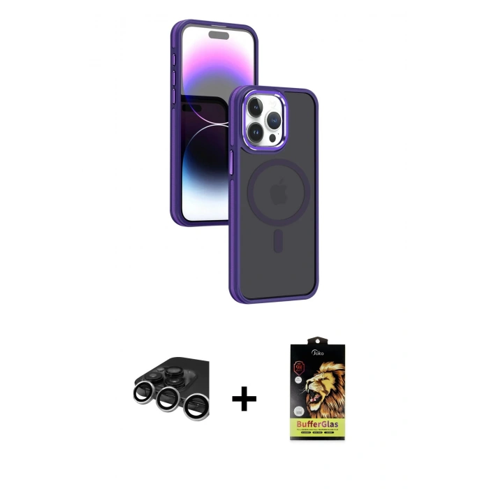 MARSİLYAN™- iPhone 15 Pro Kılıf Yörünge Klasik - Siyah Buffer Cam Ekran Koruyucu + Raze Metal Kamera Lens - GS