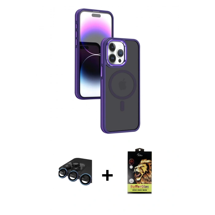 MARSİLYAN™- iPhone 15 Pro Kılıf Yörünge Klasik - Siyah Buffer Cam Ekran Koruyucu + Raze Metal Kamera Lens - LT