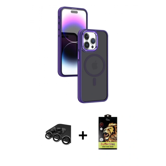MARSİLYAN™- iPhone 15 Pro Kılıf Yörünge Klasik - Siyah Buffer Cam Ekran Koruyucu + Raze Metal Kamera Lens - TMGI