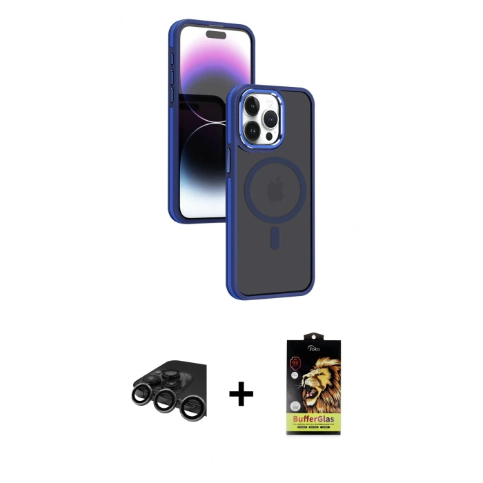 MARSİLYAN™- iPhone 15 Pro Kılıf Yörünge Klasik - Siyah Buffer Cam Ekran Koruyucu + Raze Metal Kamera Lens - TMGI