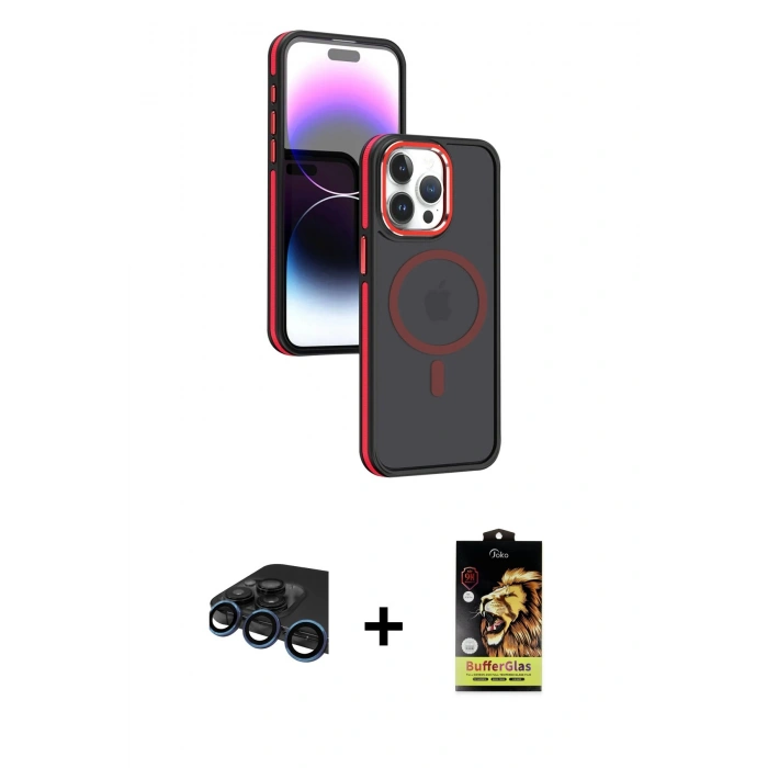 MARSİLYAN™- iPhone 15 Pro Kılıf Yörünge Klasik - Siyah Buffer Cam Ekran Koruyucu + Raze Metal Kamera Lens - LT