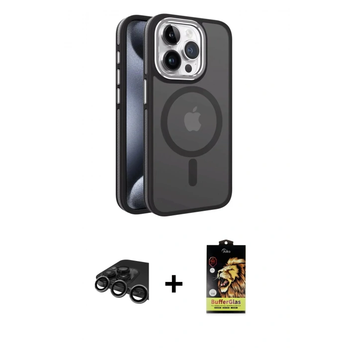 MARSİLYAN™- iPhone 15 Pro Kılıf Yörünge Klasik - Siyah Buffer Cam Ekran Koruyucu + Raze Metal Kamera Lens - TMGI