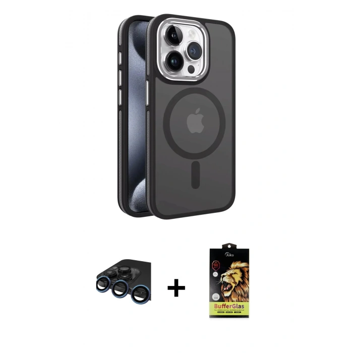 MARSİLYAN™- iPhone 15 Pro Kılıf Yörünge Klasik - Siyah Buffer Cam Ekran Koruyucu + Raze Metal Kamera Lens - LT