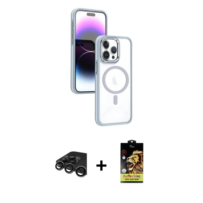 MARSİLYAN™- iPhone 15 Pro Kılıf Yörünge Klasik - Siyah Buffer Cam Ekran Koruyucu + Raze Metal Kamera Lens - TMGI