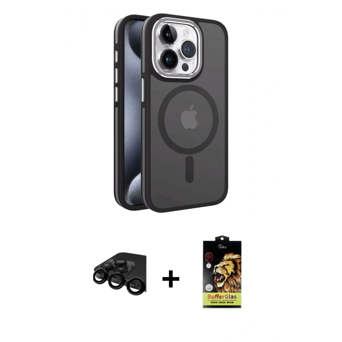 MARSİLYAN™- iPhone 15 Pro Kılıf Yörünge Klasik - Siyah Buffer Cam Ekran Koruyucu + Raze Metal Kamera Lens - SH