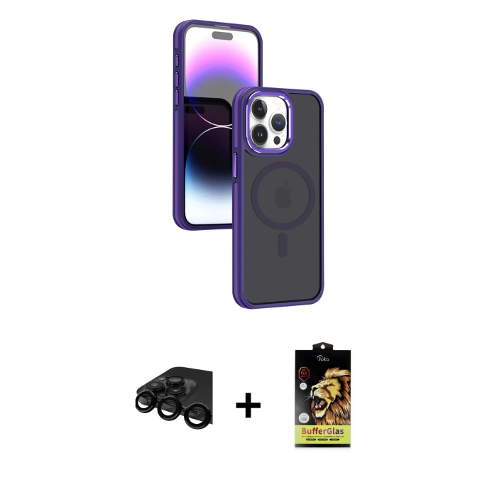 MARSİLYAN™- iPhone 15 Pro Kılıf Yörünge Klasik - Siyah Buffer Cam Ekran Koruyucu + Raze Metal Kamera Lens - SH